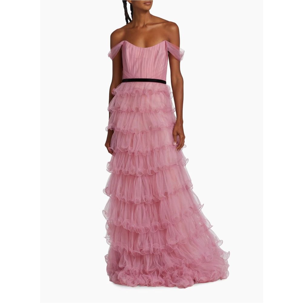 Marchesa Notte Off-The-Shoulder Tiered Tulle Gown